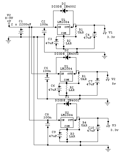 Circuit digram of regulator circuits feeding both 3.3v and 5 v supplies to SB3.