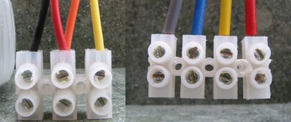 Secondary wires from transformers with twin secondaries showing how they are configured to supply a single bridge rectifier (left) or a pair of bridge rectifers (right).