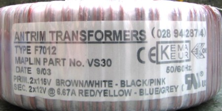 Transformer label showing connections and specification.